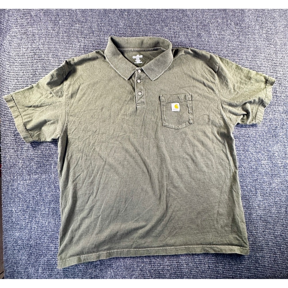 Carhartt Work Polo Shirt Mens 2XL Green Cotton Logo Side Seamed Workwear Utility